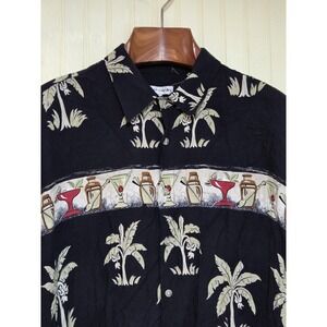 Pierre Cardin Shirt‎ Mens XL Black Hawaiian Aloha Tropical Cocktail Palm Trees